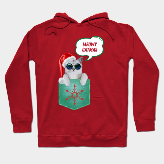 Cute Meowy Catmas Christmas Cat In Pocket Hoodie by Hypnotic Highs